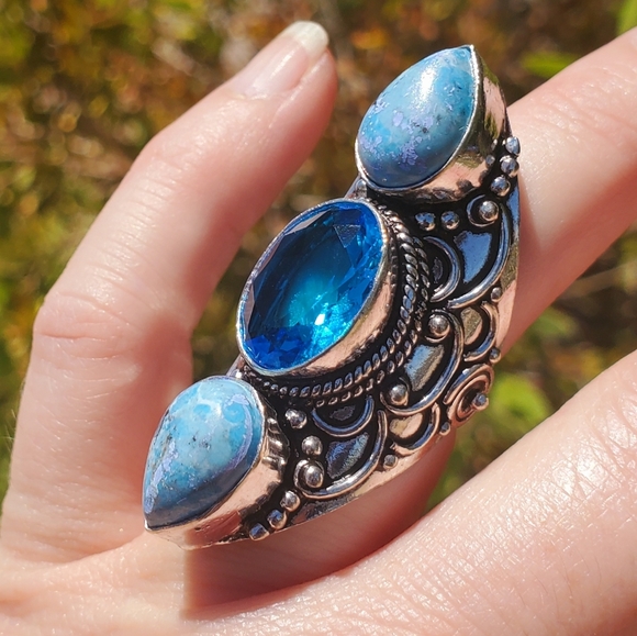 New Swiss Blue Topaz & Mosaic Jasper 925 Silver Statement Ring. - Picture 7 of 11